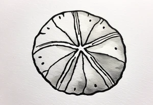 sand dollar 
watercolor
light gray
you can see the dove shell peaking out.
take out the black

draw sand around it like it's washed up on the beach.
the tattoo will go on the underside of my wrist. tattoo idea