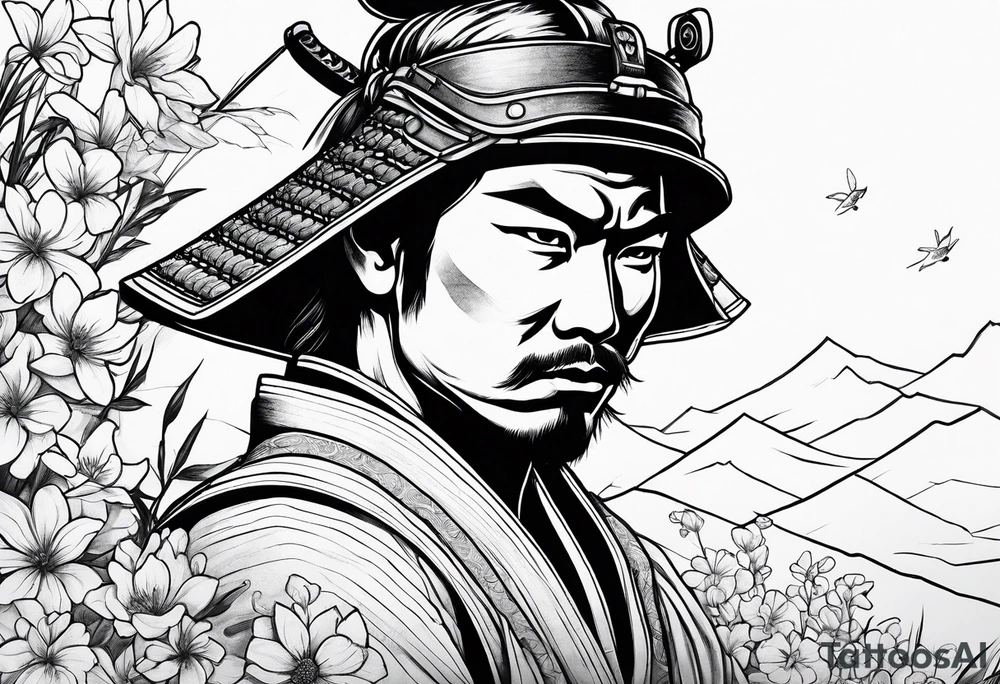 Samurai in flower field tattoo idea