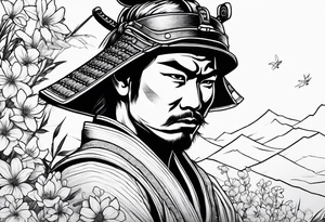Samurai in flower field tattoo idea
