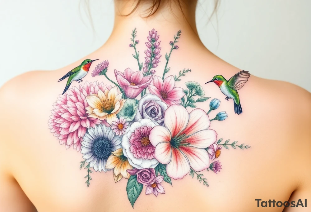 Bouquet of flowers With pastel carnation, Aster, rose, Lily, two Larkspur,  narciussus, And two hummingbirds. tattoo idea