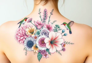Bouquet of flowers With pastel carnation, Aster, rose, Lily, two Larkspur,  narciussus, And two hummingbirds. tattoo idea