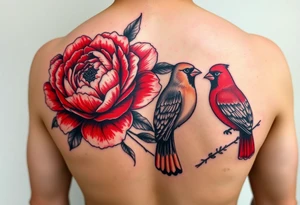 peony flowers with bold coloring highlighting reds and whites; and a feminine but boldly colored male and female cardinal birds tattoo idea