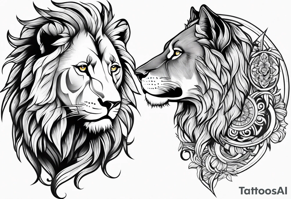 Lion looking left and wolf looking right tattoo idea