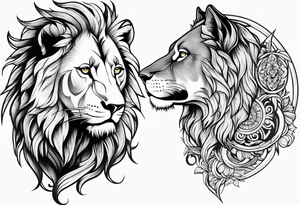 Lion looking left and wolf looking right tattoo idea