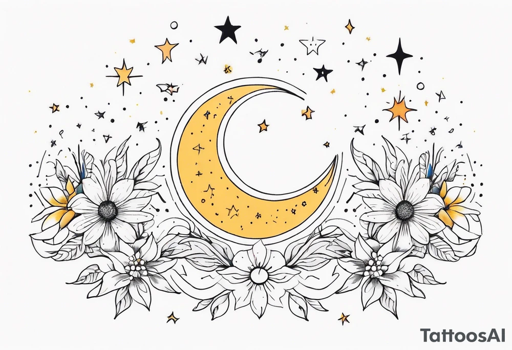 fine line with sun, stars, floral, dots. Sternum tattoo tattoo idea