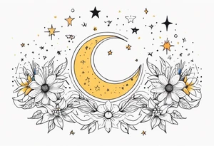 fine line with sun, stars, floral, dots. Sternum tattoo tattoo idea