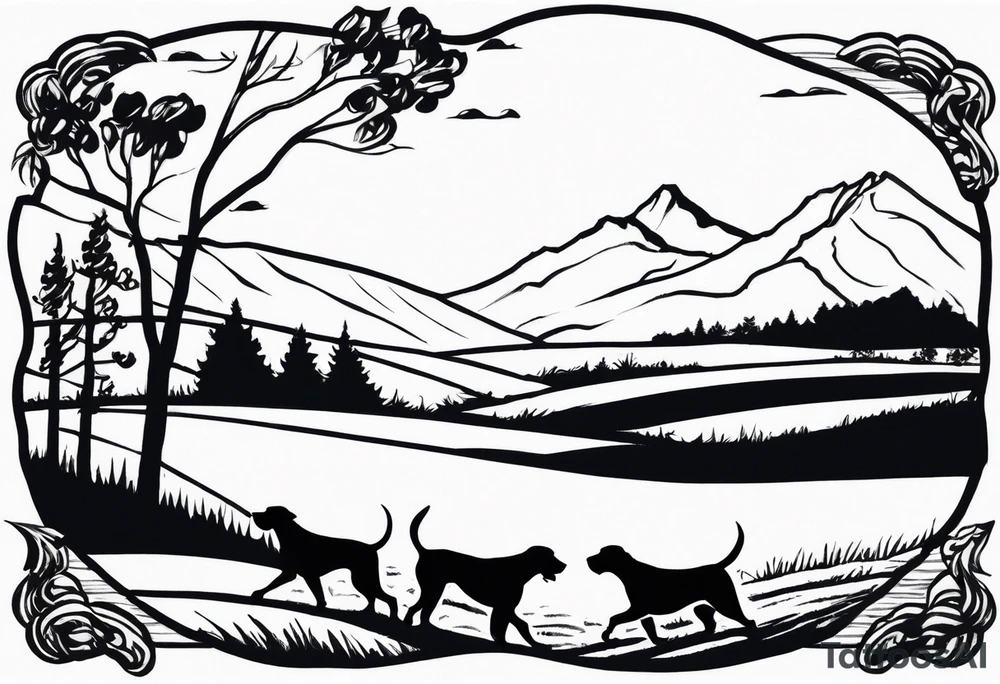 Men’s full arm sleeve. Rolling fields and the Tennessee mountains. With 4 Great Dane heads intertwined in the sleeve. tattoo idea