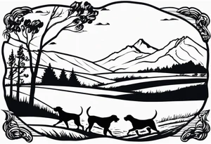 Men’s full arm sleeve. Rolling fields and the Tennessee mountains. With 4 Great Dane heads intertwined in the sleeve. tattoo idea
