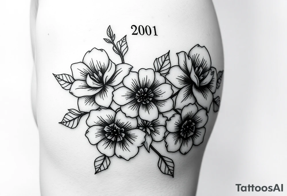 Year 2001 thigh tattoo with flowers tattoo idea
