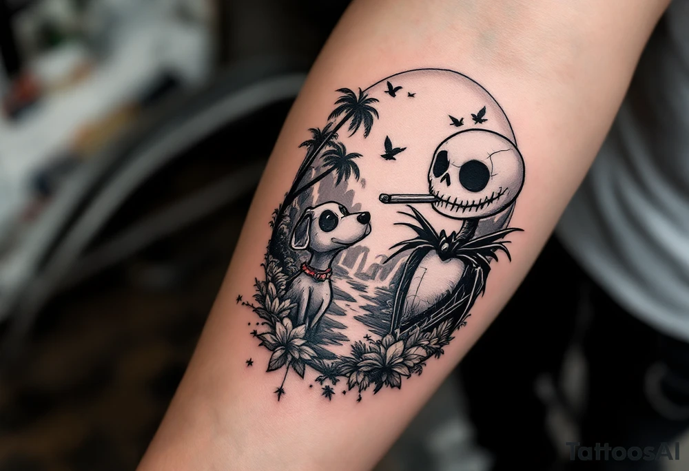 jack skellington with dog smoking a blunt, in nature jungle, waterfall, birds, palm trees tattoo idea