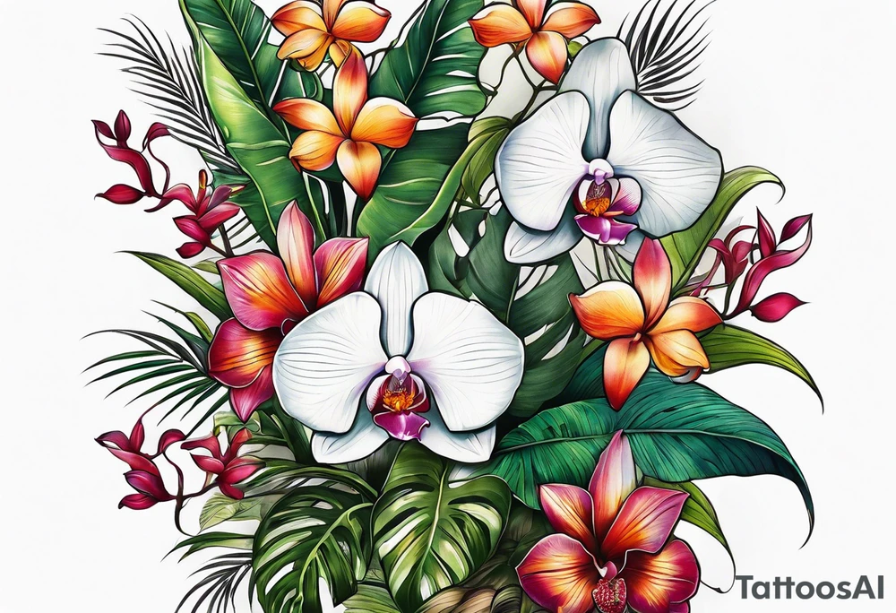 Tropical plants and orchids full sleeve tattoo idea