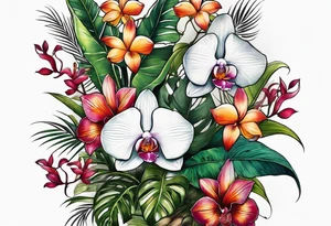 Tropical plants and orchids full sleeve tattoo idea