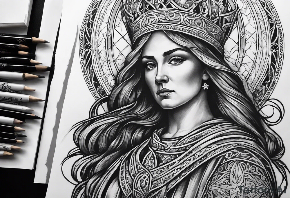 A full back piece themed on the surname mcbride and the irish saint brigid. It should take inspiration from artwork of saint brigid holding fire in her hands. It should have the text Vincit Pericula Virtus on it tattoo idea