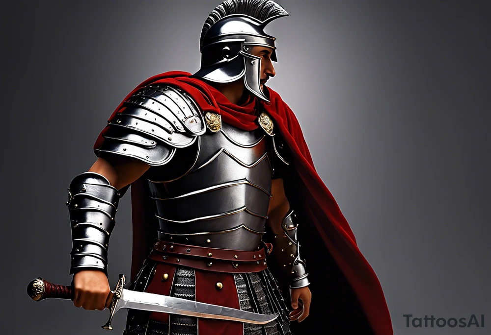 a high ranking roman soldier from AD 60, wearing armour which must include an armoured belt, breastplate, armoured shoes, shield, helmet and sword.
the soldier must look strong. the soldier is faceless. The image must include the full person, not just the top half. The soldier is mid-battle, fending off flaming arrows with his shield tattoo idea