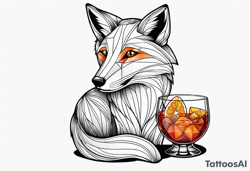 Adult fox holding a Negroni in a crystal glass with an orange peel looking forward tattoo idea