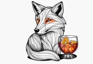 Adult fox holding a Negroni in a crystal glass with an orange peel looking forward tattoo idea