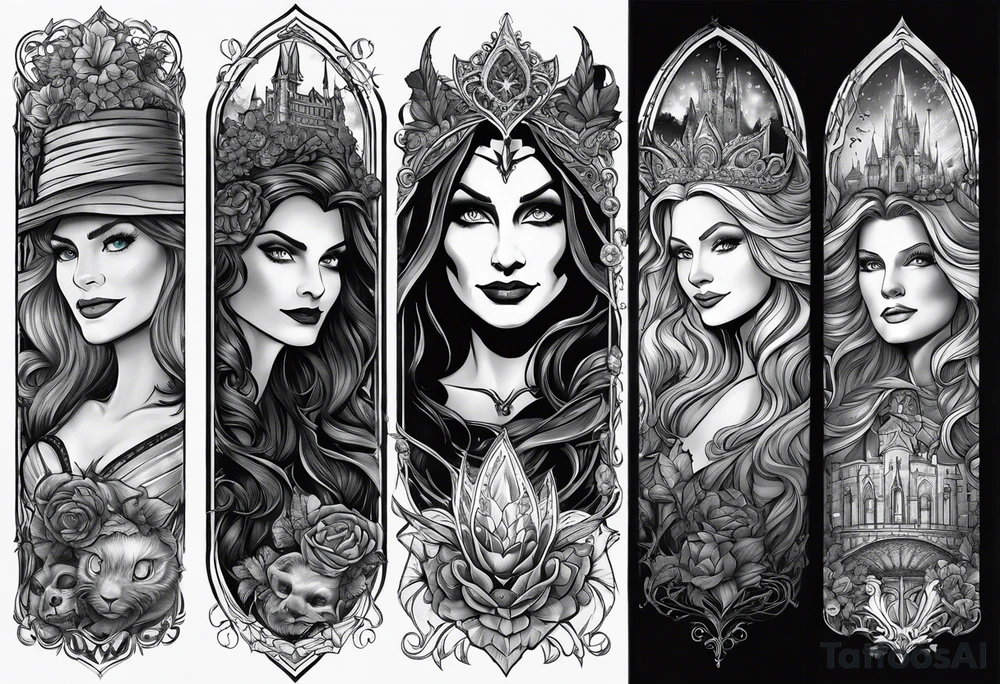 full arm sleeve very dark with characters from wicked: elphaba, Glinda, fiyero, tattoo idea