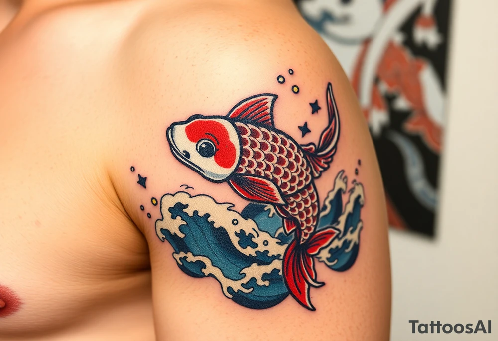 traditional koi fish swimming upstream through turbulent waves tattoo idea
