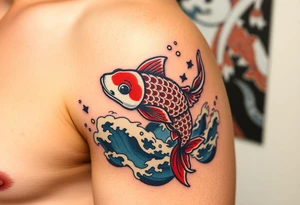traditional koi fish swimming upstream through turbulent waves tattoo idea