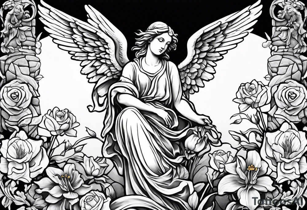 Angel statue stood on a rock with daffodils and roses wrapped around its legs tattoo idea