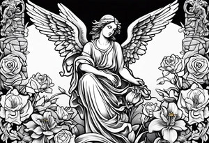 Angel statue stood on a rock with daffodils and roses wrapped around its legs tattoo idea
