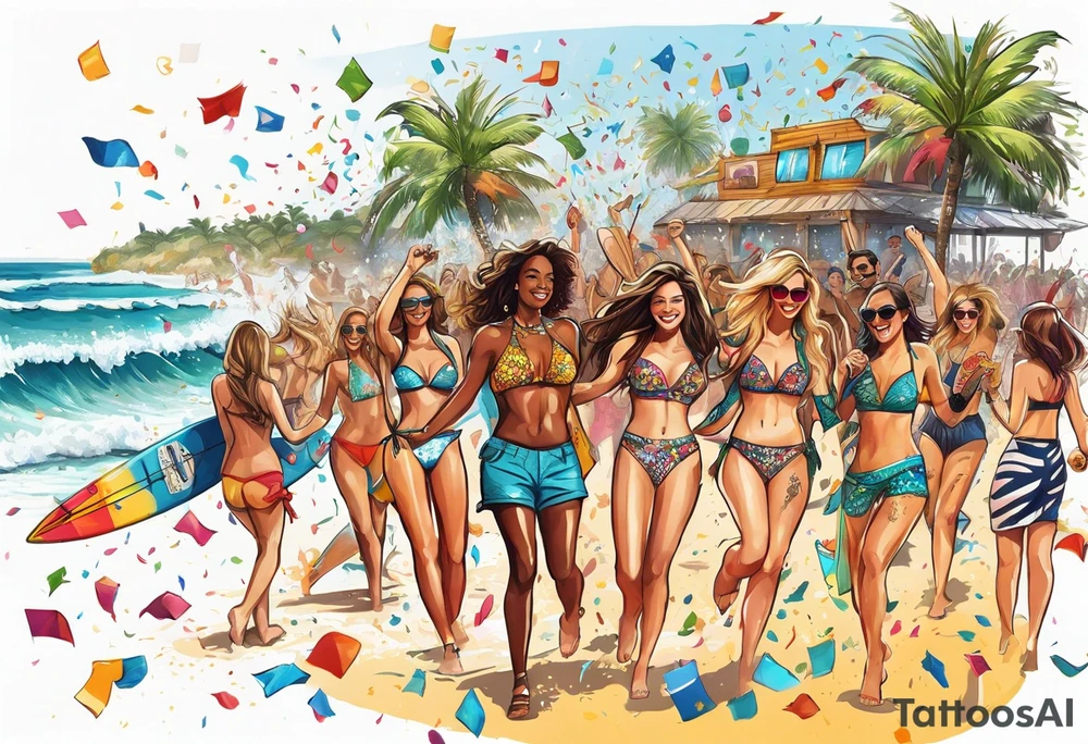 SURFING SAFARI BEACH DANCE 
PARTY WITH CONFETTI AND MUSIC NOTES, TROPICAL DRINKS, SEXY BIKINIS tattoo idea