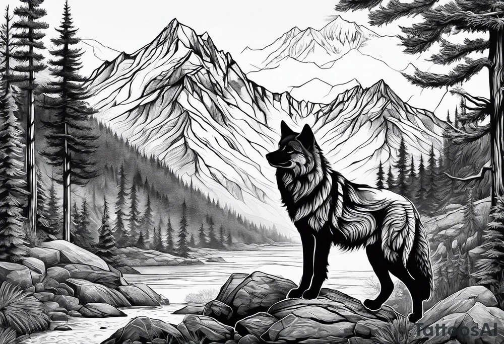 Mountains, wolf, Aquarius tattoo idea