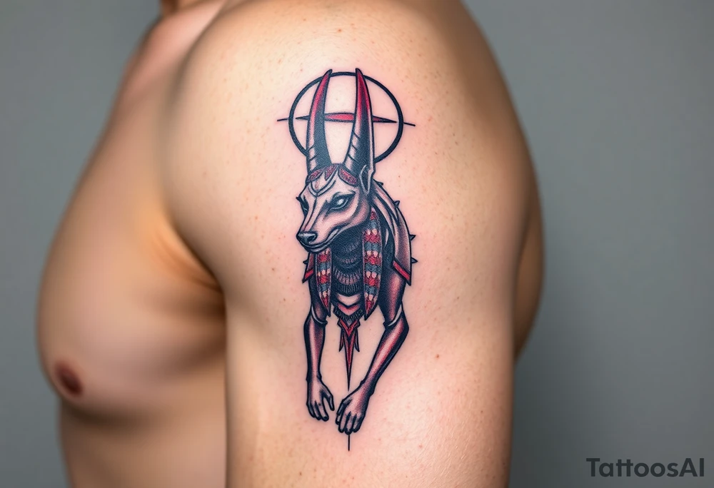 An Anubis with a Halo – Blending Egyptian mythology with Christian spirituality, symbolizing protection and righteousness (Red black and chrome blue are only colors possible) tattoo idea