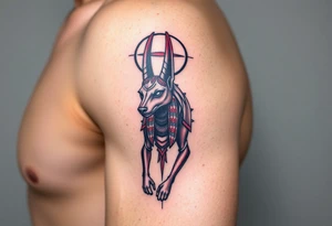 An Anubis with a Halo – Blending Egyptian mythology with Christian spirituality, symbolizing protection and righteousness (Red black and chrome blue are only colors possible) tattoo idea