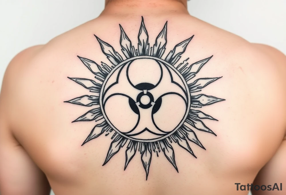 biohazard symbol inside a sun with bold lines, in an old-school black ink style. tattoo idea