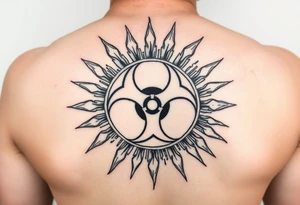 biohazard symbol inside a sun with bold lines, in an old-school black ink style. tattoo idea