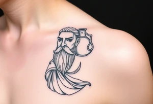 a big piece,The sign of the aquarian version human man almost resembling a god, with beard, with a jar on his shoulder with water coming out of it tattoo idea