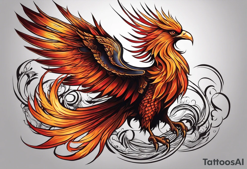 Tattoo: A powerful, majestic phoenix, depicted mid-flight or rising, with wings extended and feathers flowing. Deep shading and intricate details to bring out the texture and motion of the feathers. tattoo idea