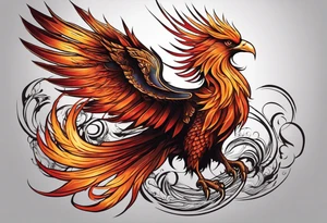 Tattoo: A powerful, majestic phoenix, depicted mid-flight or rising, with wings extended and feathers flowing. Deep shading and intricate details to bring out the texture and motion of the feathers. tattoo idea