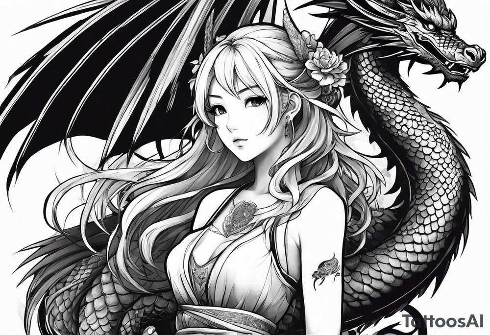a full shot of an anime girl seen from far, surrounded by asian dragon with wings tattoo idea