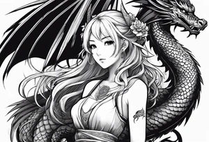 a full shot of an anime girl seen from far, surrounded by asian dragon with wings tattoo idea
