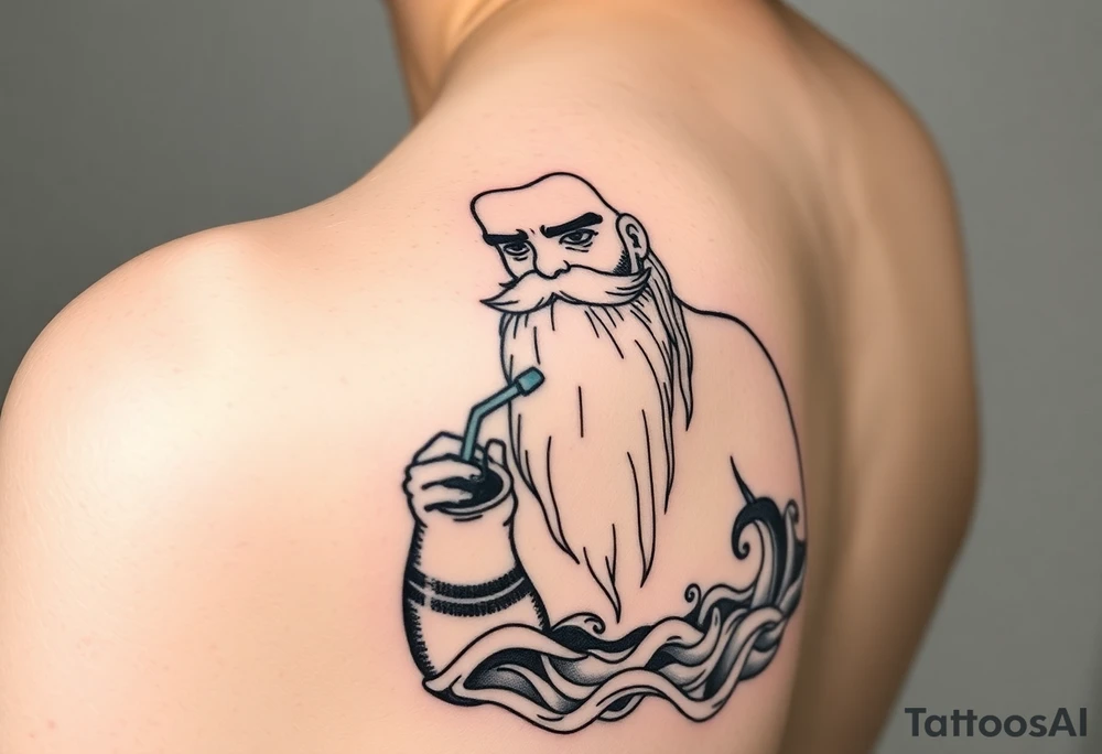 The sign of aquarius version human man almost resembling a god, with a large beard, with a jar on the shoulder with water coming out of it in an ocean element of water flowing along the arm tattoo idea