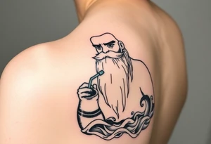 The sign of aquarius version human man almost resembling a god, with a large beard, with a jar on the shoulder with water coming out of it in an ocean element of water flowing along the arm tattoo idea