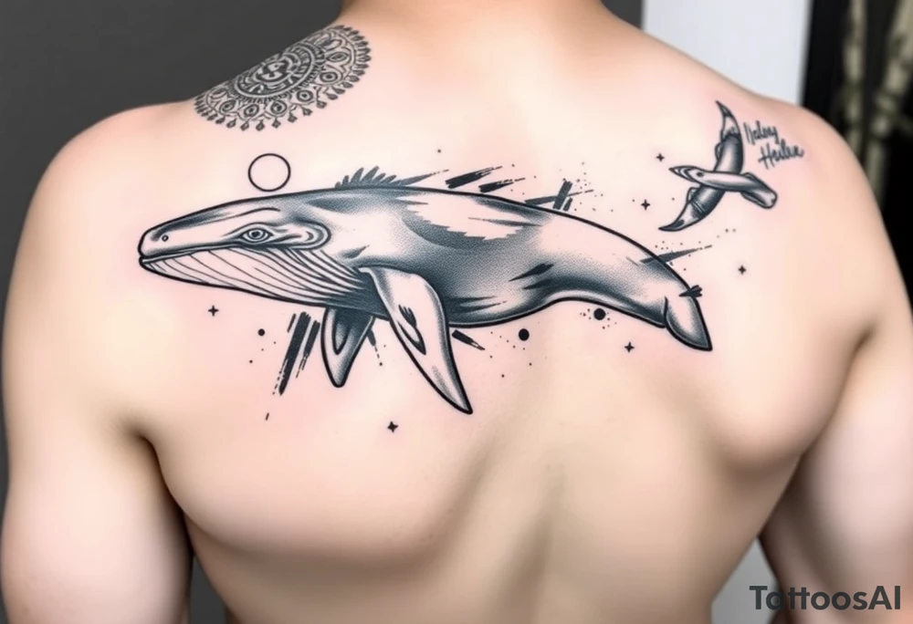 “A realistic-style humpback whale swimming forward across the upper bicep, with its tail transitioning into abstract brushstrokes and artistic smudges. Background includes sacred geometric shapes (circles, triangles, lines) integrated subtly, and a detailed Maori/Polynesian tribal tattoo only on the shoulder area. Add expressive blue calligraphic scribbles – more like ink gestures than text. tattoo idea