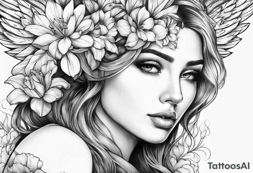 wing angel, flower, , tattoo idea