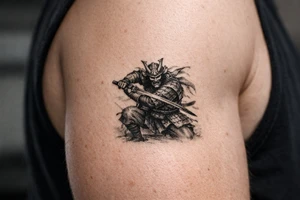 Full body samurai warrior in black and grey, mask prominent, dynamic battle pose, muted tones. tattoo idea