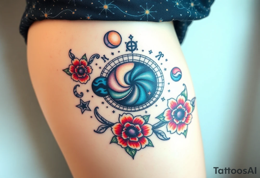 Milky way galaxy .. planets with zodiac symbols and protection runes with red roses and sunflowers tattoo idea