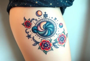 Milky way galaxy .. planets with zodiac symbols and protection runes with red roses and sunflowers tattoo idea