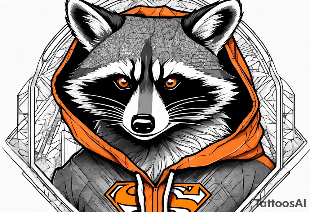 Raccoon wearing an orange Superman hoodie tattoo idea