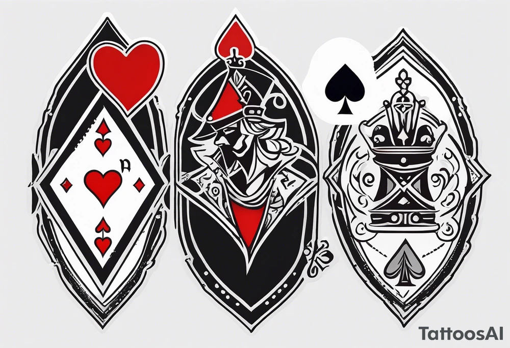 one combined tatto in minimalistic style with icon style three king of spades and icon style one queen of hearts. extreme minimalstic and few lines. much more minimalistic and fewer lines tattoo idea