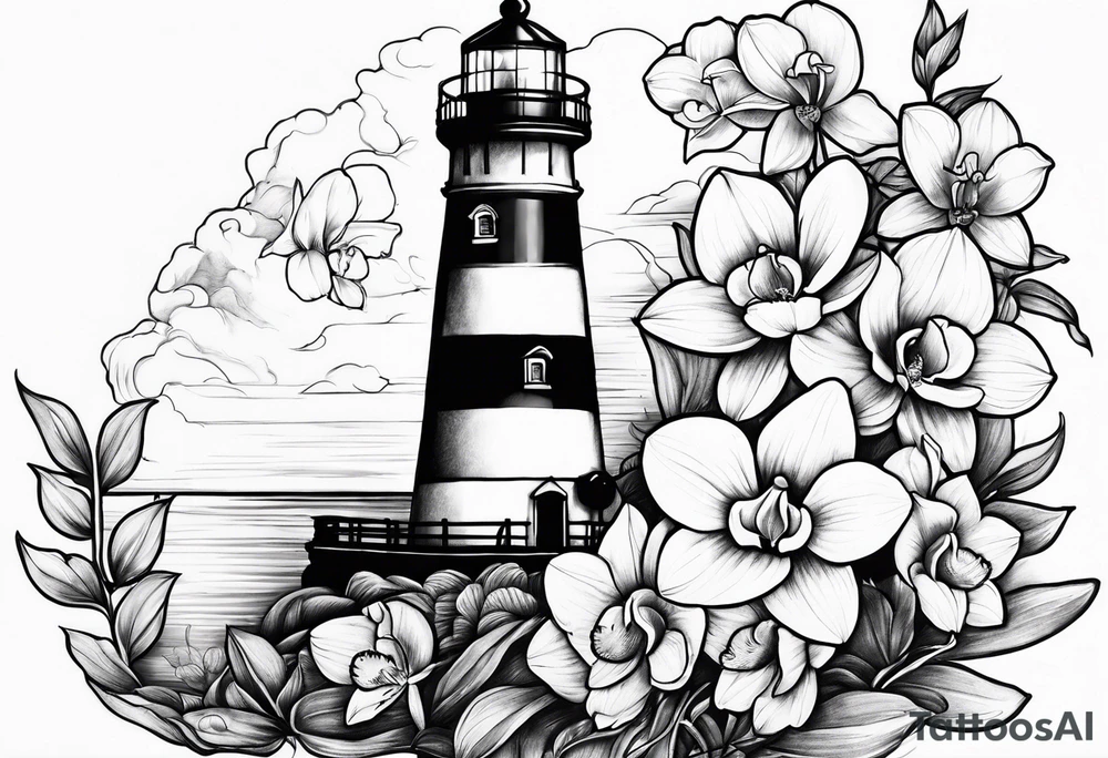 Lighthouse with an anchor and orchids tattoo idea