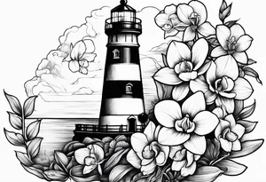 Lighthouse with an anchor and orchids tattoo idea