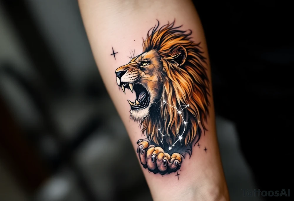 A roaring lion in shades of amber and black cradles the Leo constellation in its paw, traced in delicate white ink. tattoo idea