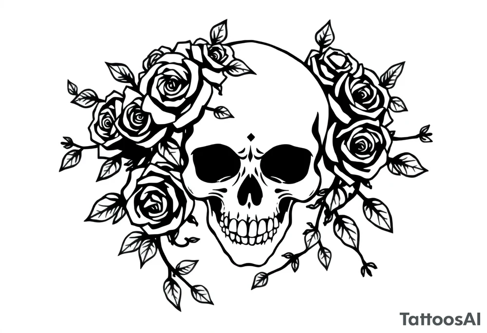 gothic skull intertwined with climbing roses and thorny vines simple tattoo idea