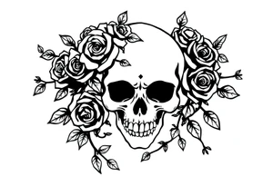 gothic skull intertwined with climbing roses and thorny vines simple tattoo idea